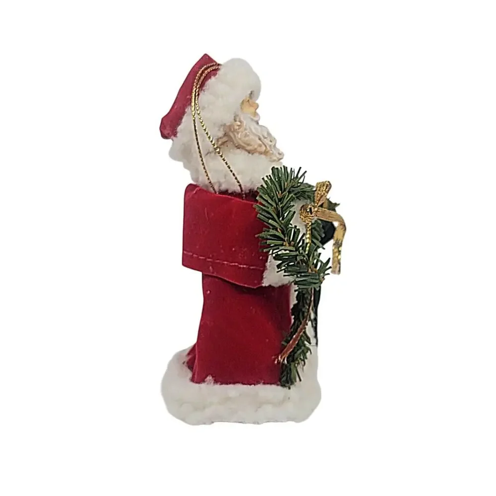Vtg San Francisco Santa Claus Greenery Velvet Faux Fur Christmas Ornament 5.5